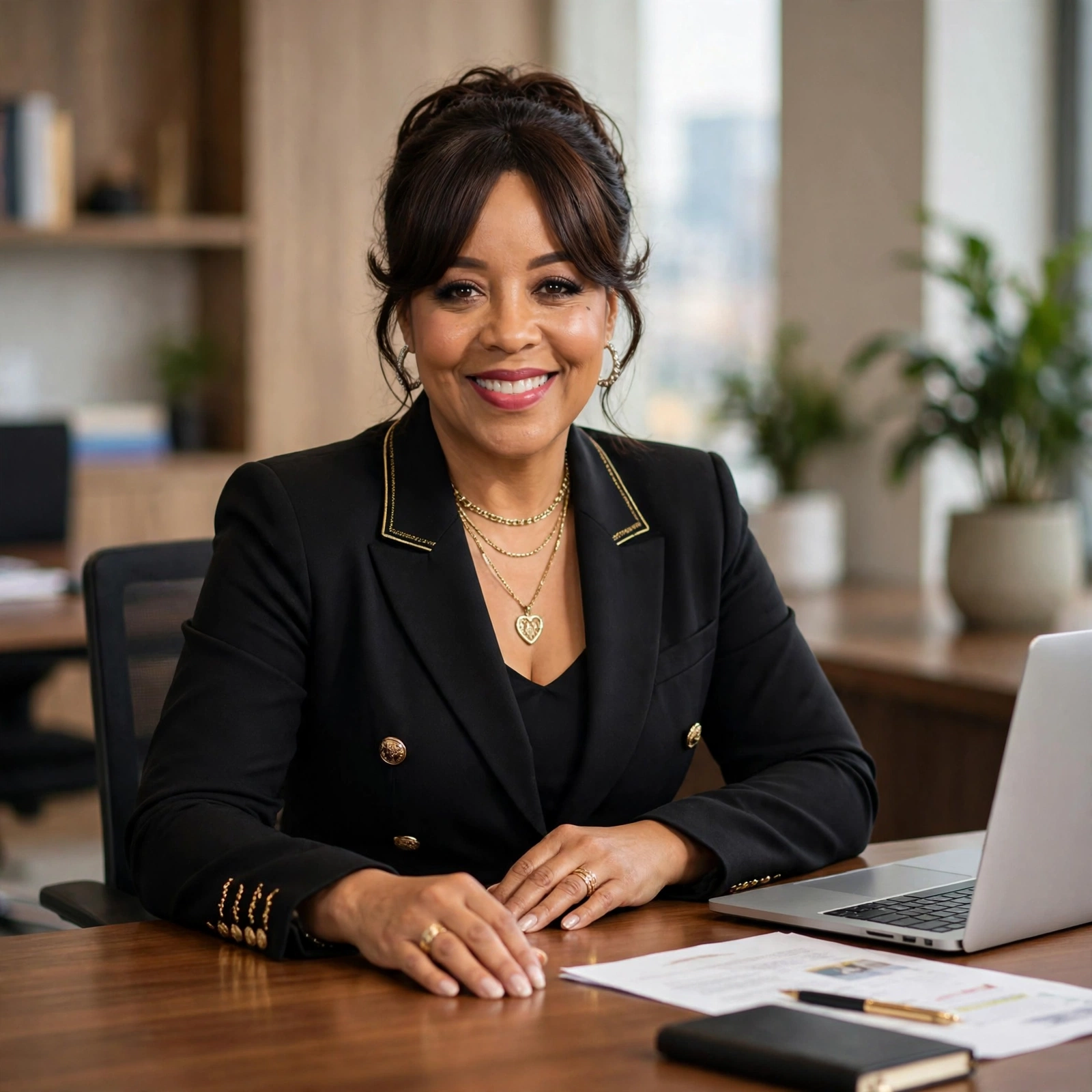 Jackie Davis smiling at her desk in a bright modern office, laptop beside her