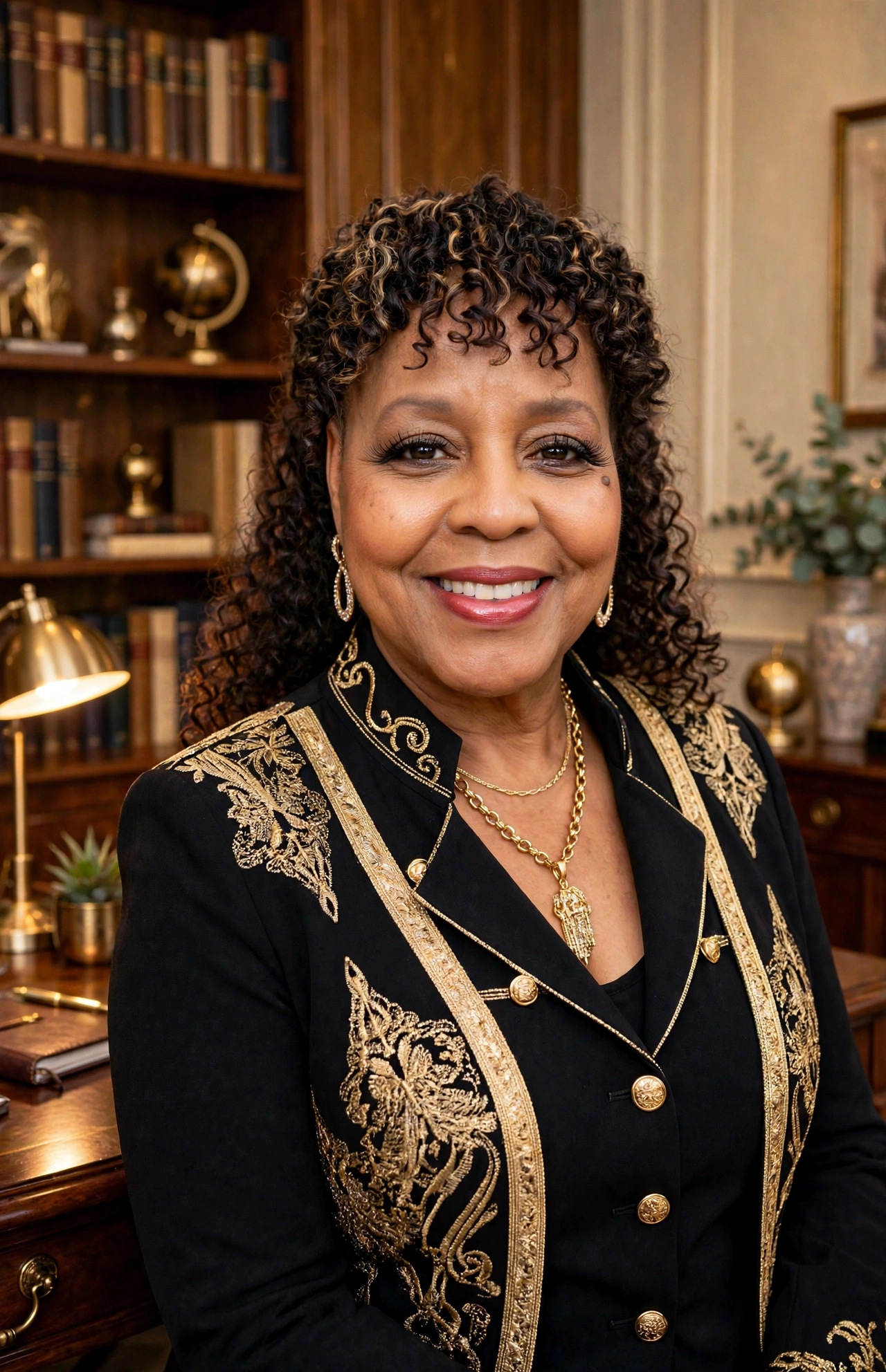 Jackie Davis in her office in a black jacket with gold embroidery, bookshelves and a brass lamp behind her
